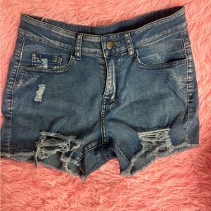 Distressed stretch denim jean shorts